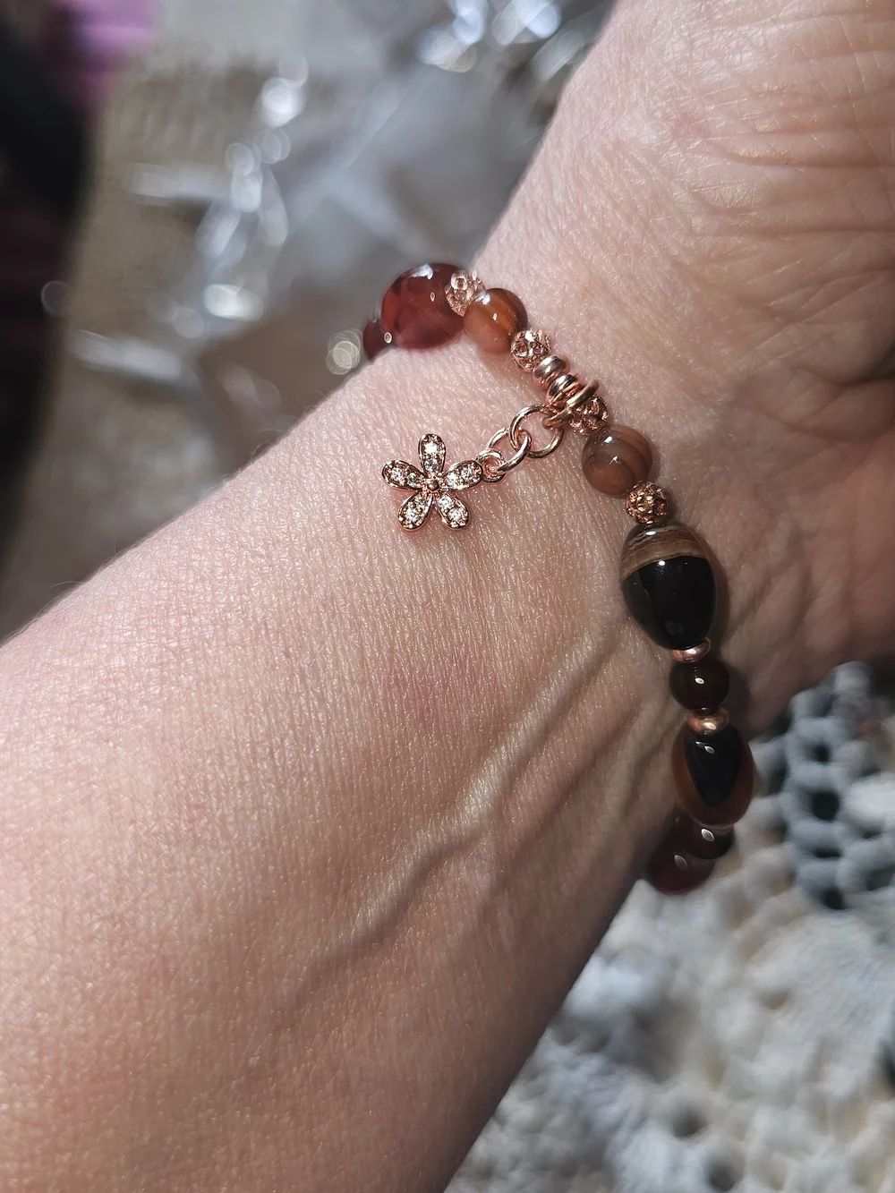 Gold-Tone Brown Agate Beaded Bracelet - Unbranded
